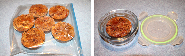 Frozen chili portions in a freezer bag and a glass container.